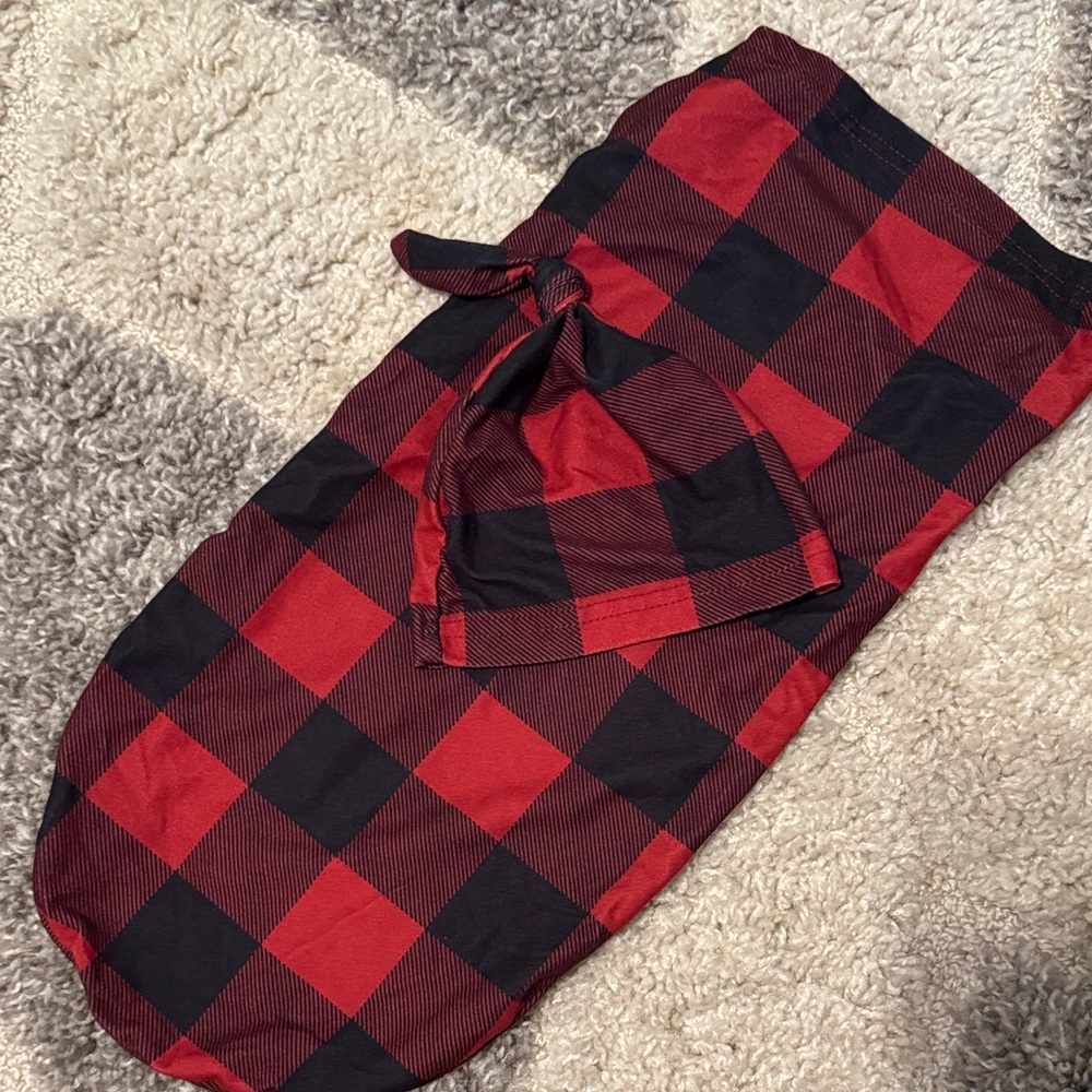 Red and Black Plaid Baby Swaddle and Hat Set
